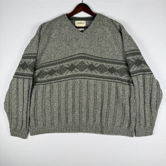 Eddie Bauer Other - VTG Eddie Bauer Sweater Mens 2XL Grey Argyle Chunky Knit Grandpa V Neck Pullover